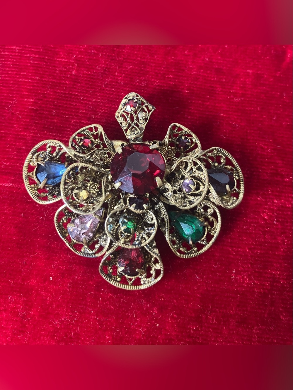 1930's CZECH Art Deco Victorian Revival FILIGREE BRASS Colorful Glass Pendant.